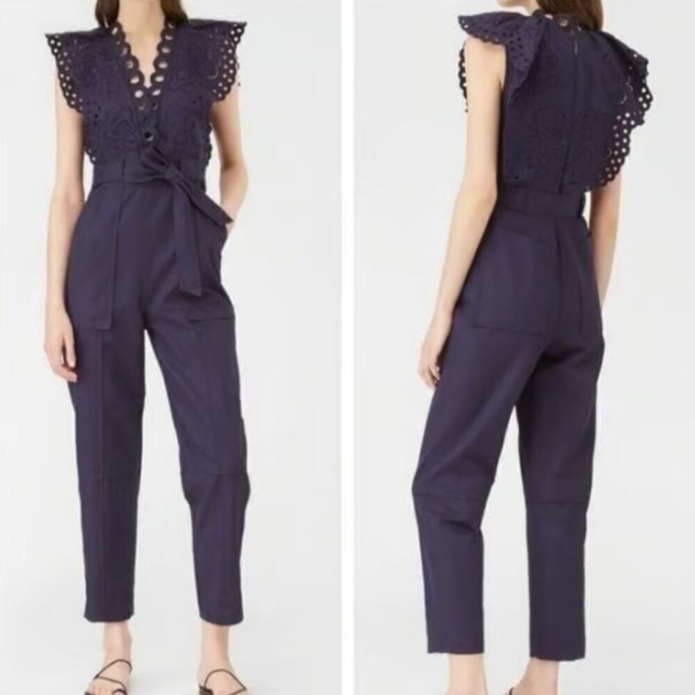 Rebecca Taylor Jumpsuit Eyelet‎ Flutter Sleeve Navy Indigo Blue Size 8